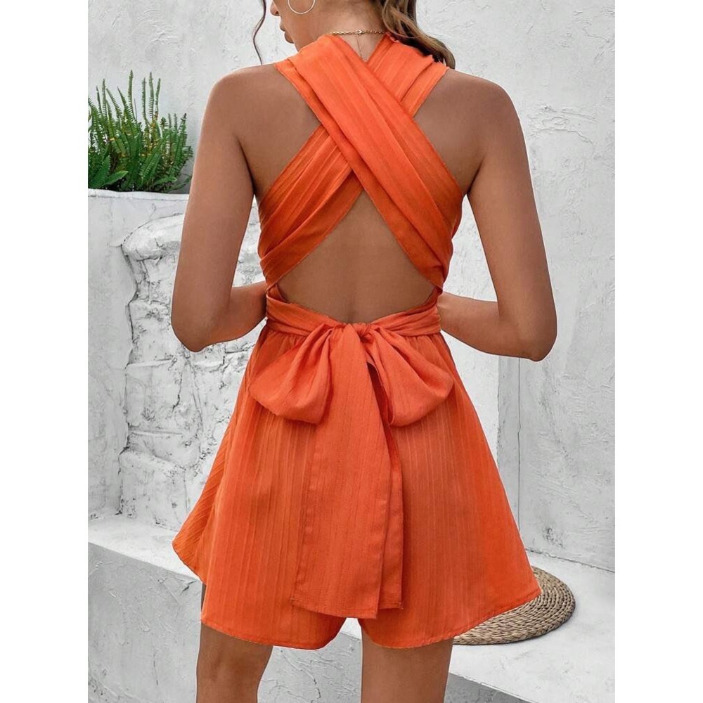(A8) Shein Orange Multi Way Wrap Halter Romper Open Back Textured S